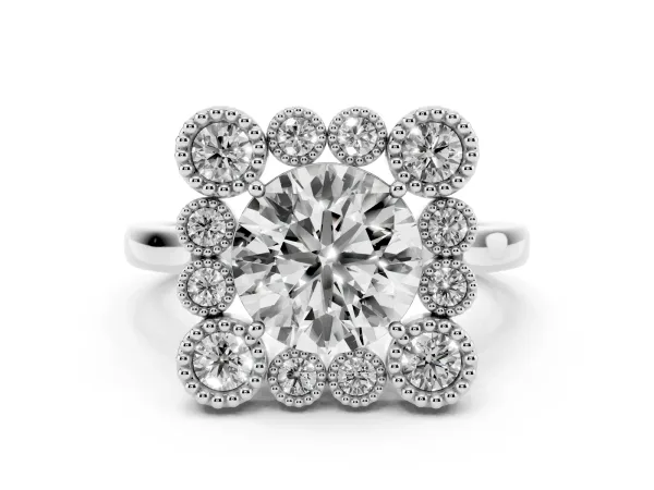 Round Cut Halo Diamond Cluster Engagement Ring with Milgrain Bezel Setting and Solitaire Band White gold