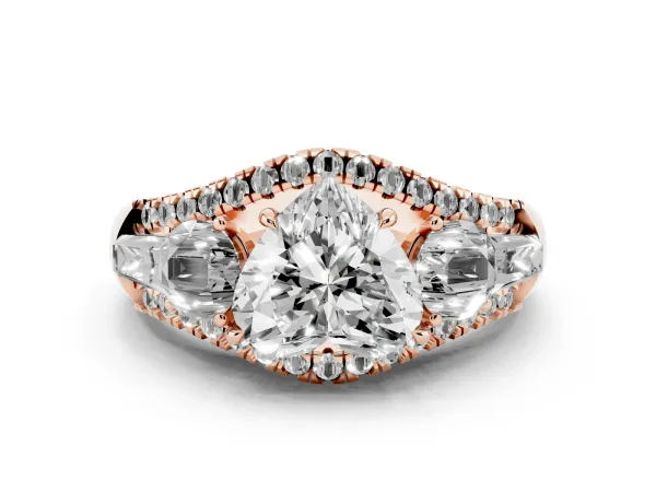 Three-Stone Heart Cut Diamond Engagement Ring with Pave Band and Prong Setting Rose gold