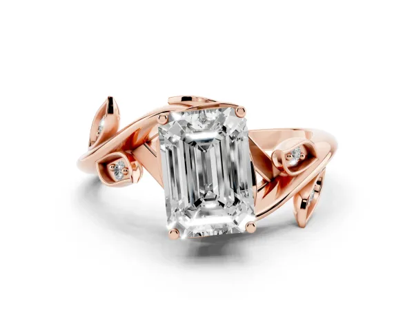 Emerald Cut Solitaire Twist Engagement Ring with Leaf Accents and Prong Setting Rose gold