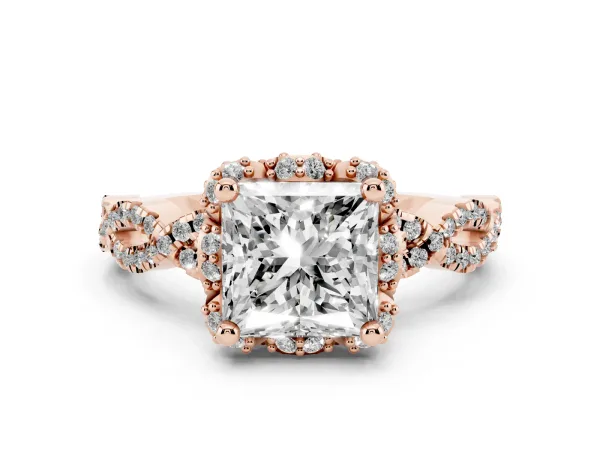 Princess Cut Halo Twist Band Solitaire Ring with Six-Prong Setting Rose gold