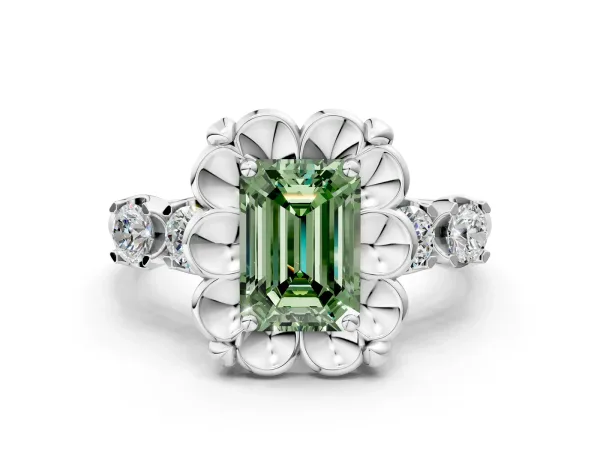 Fancy Green Emerald Cut Cut Diamond Floral Halo Engagement Ring with Shared Prong Setting Platinum