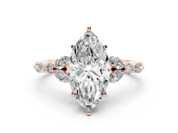 Marquise Cut Diamond Solitaire Ring with Side Stones and Four-Prong Setting Rose gold