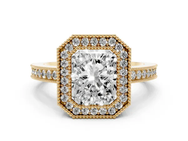 Radiant Cut-Cut Halo Diamond Ring with Pavé Band and Milgrain Prong Setting Yellow gold