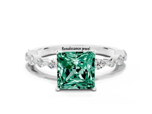 Princess Cut Green Sapphire Ring with Marquise and Round Side Stones and Four-Prong Setting White gold