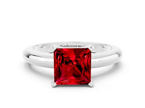 Princess Cut Ruby Solitaire Engagement Ring with Round Band and Four-Prong Setting Platinum