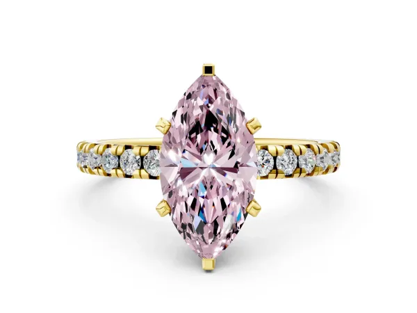 Fancy Pink Marquise Cut Diamond Solitaire Pavé Engagement Ring with Round Band and Prong Setting Yellow gold