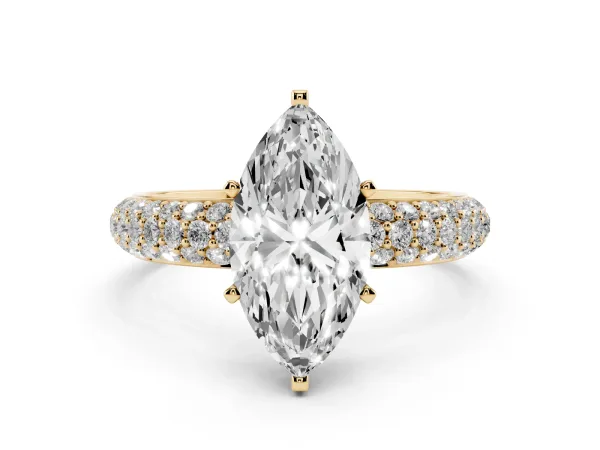 Marquise Cut Diamond Solitaire Ring with Prong Setting and Pavé Band Yellow gold