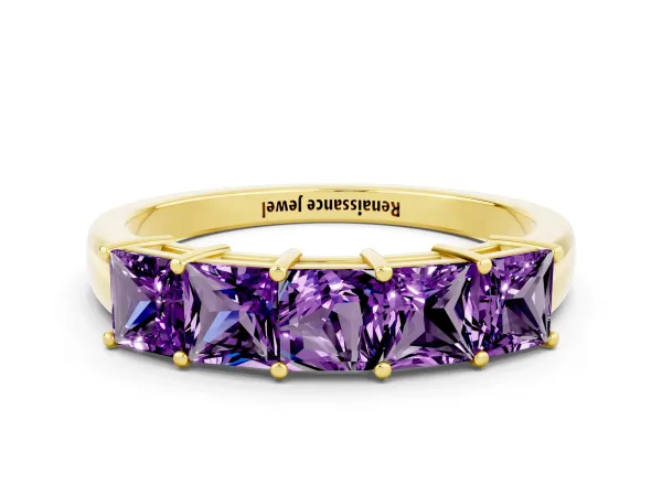 Princess Cut Five-Stone Amethyst Band with Prong Setting Yellow gold
