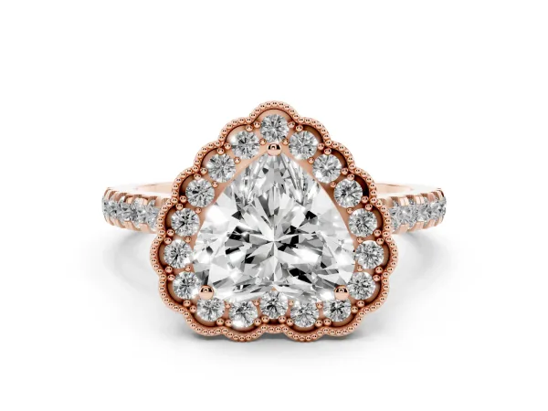 Heart Cut Cut Diamond Milgrain Floral Halo Engagement Ring with Pavé Band Rose gold