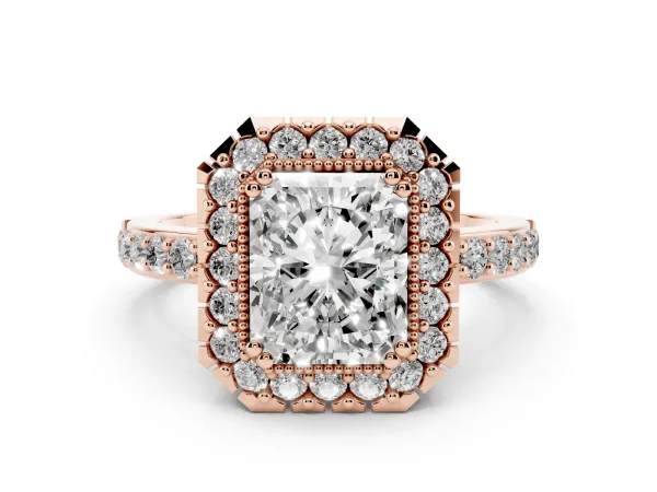 Radiant Cut Diamond Halo Ring with Pavé Band and Prong Setting Rose gold