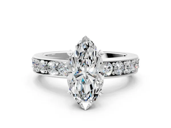 Marquise Cut Diamond Engagement Ring with Channel Set Round Band and Prong Setting White gold