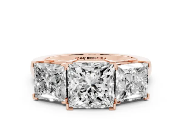 Three-Stone Princess Cut Cut Diamond Ring with Channel Set Band and Four-Prong Setting Rose gold