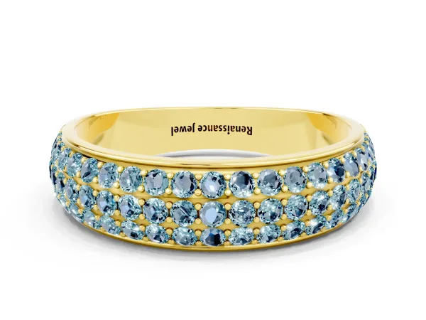 Three-Row Round Aquamarine Eternity Band with Shared Prong Setting Yellow gold