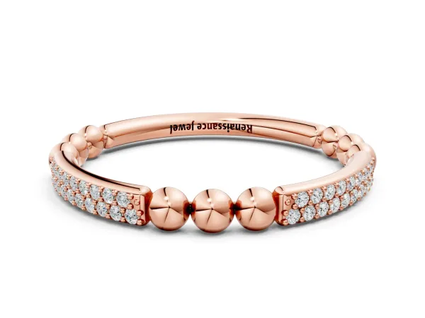 Pave Round Diamond Beaded Band with Shared Prong Setting Rose gold