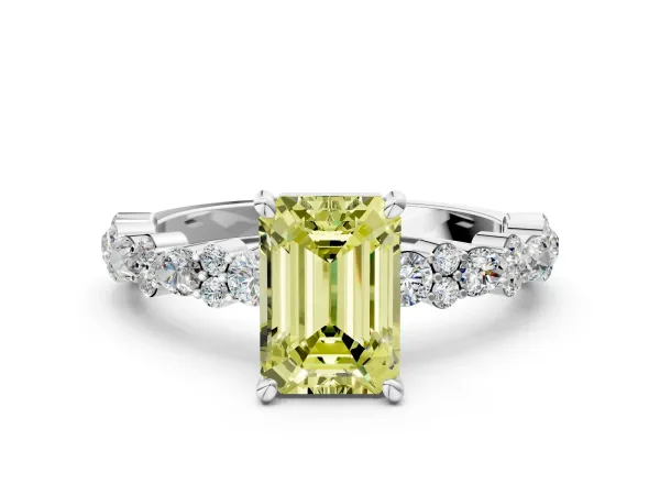 Fancy Yellow Emerald Cut Diamond Side Stone Solitaire Ring with Round and Four-Prong Setting White gold