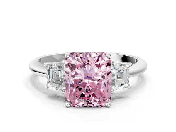 Fancy Pink Radiant Cut Diamond Three-Stone Ring with Trapezoid Side Stones and Prong Setting Platinum