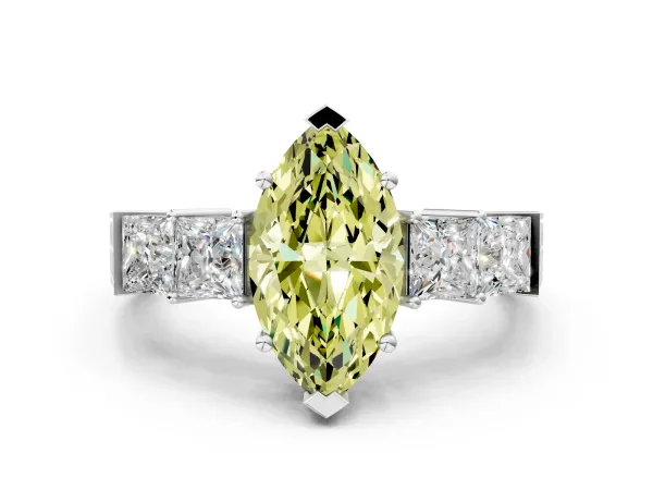Fancy Yellow Marquise Cut Solitaire Princess Side Stone Engraved Band Prong Setting Ring Platinum