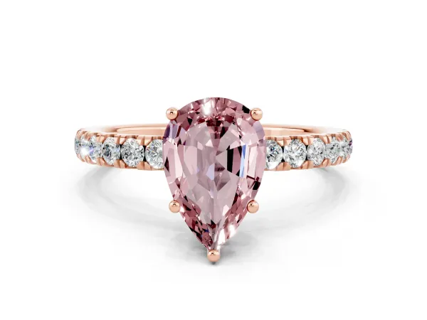 Pear Cut Morganite Pave Band Solitaire Ring with Round and Prong Setting Rose gold