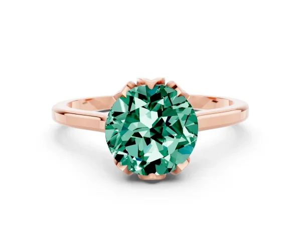 Round Cut Green Sapphire Solitaire Ring with Flower Prong Setting and Classic Band Rose gold