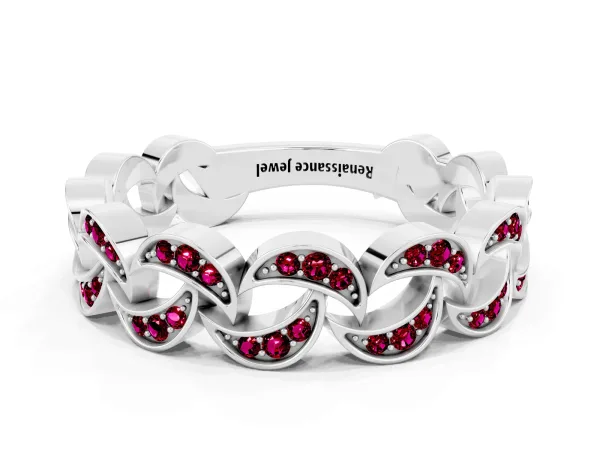 Pavé Round Garnet Interlocking Eternity Band with Bezel Prong Setting Platinum