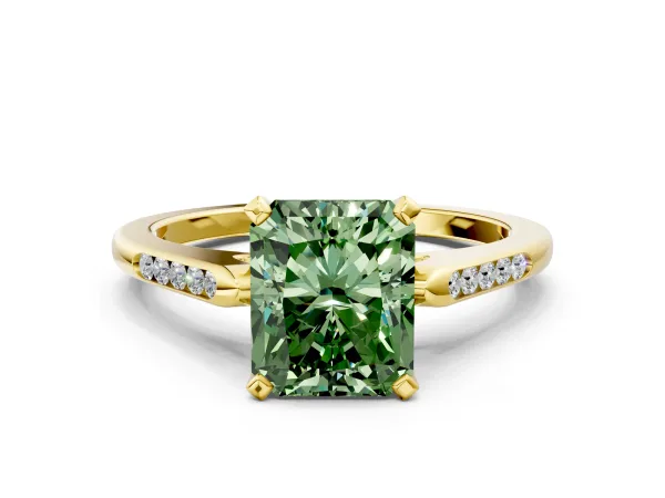 Fancy Green Radiant Cut Diamond Solitaire Ring with Channel Set Round Band and Prong Setting Yellow gold