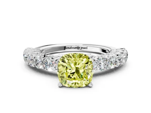 Fancy Yellow Cushion Cut Diamond Solitaire Ring with Shared Prong Pavé Band and Four-Prong Setting White gold
