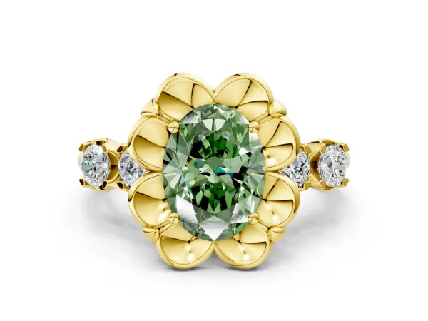Fancy Green Oval Cut Cut Diamond Floral Halo Engagement Ring with Shared Prong Setting Yellow gold