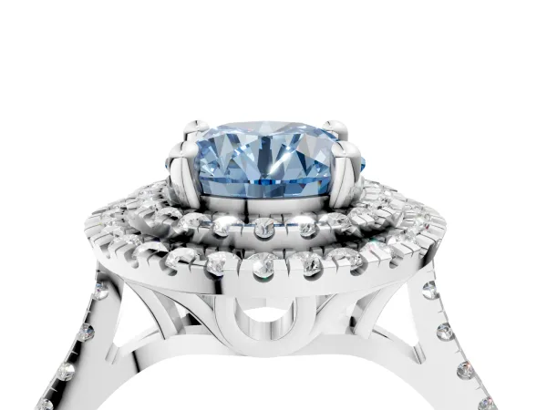 Fancy Blue Double Halo Round Cut Diamond Pavé Band with Four-Prong Setting White gold