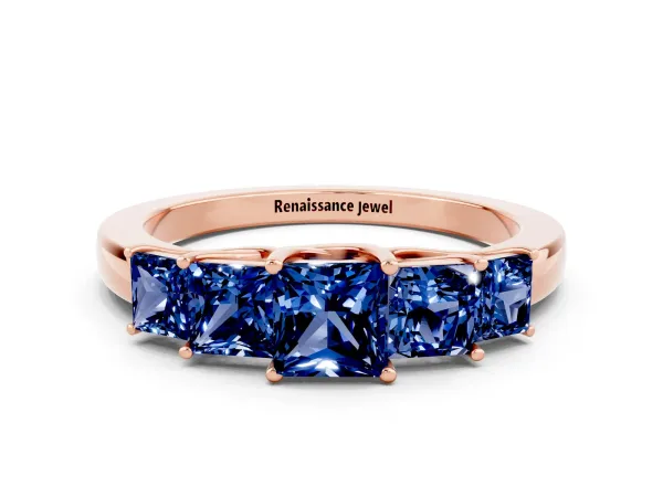 Princess Cut Five-Stone Blue Sapphire Ring with Classic Prong Setting Rose gold