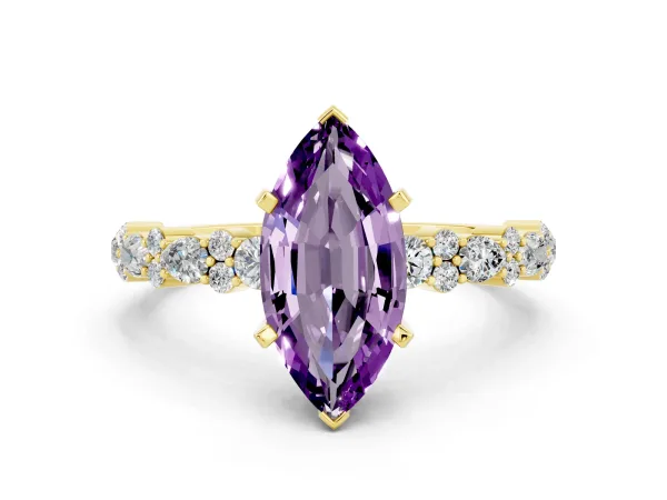 Marquise Cut Amethyst Side Stone Solitaire Ring with Round and Four-Prong Setting Yellow gold