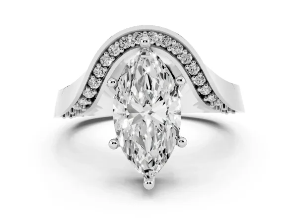 Marquise Cut Solitaire Diamond Engagement Ring with Pave Band and Four-Prong Setting White gold