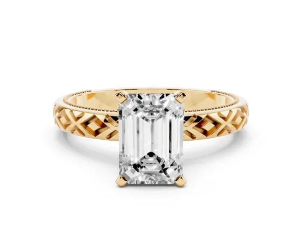 Emerald Cut Solitaire Diamond Ring with Milgrain and Black Enamel X Pattern Band Yellow gold