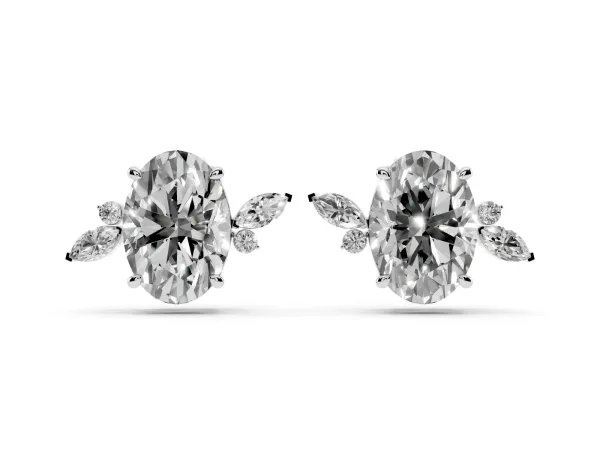 Oval Cut Diamond Nature-Inspired Stud Earrings with Marquise and Round Accents White gold