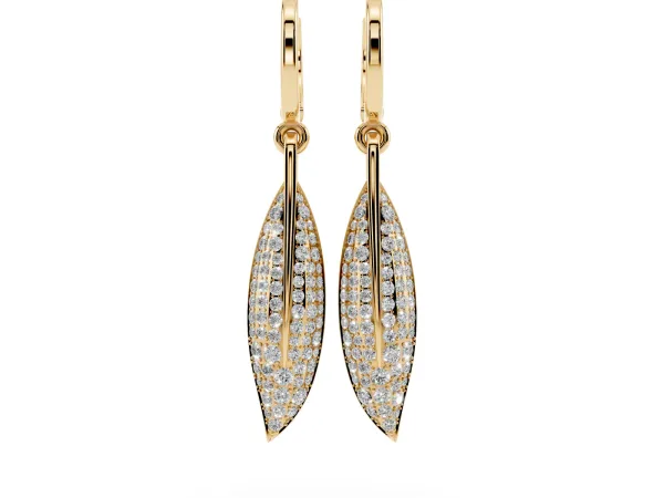 Round Diamond Pavé Leaf Huggie Drop Earrings Yellow gold