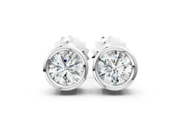 Bezel Set Round Diamond Stud Earrings with Push Back Silver