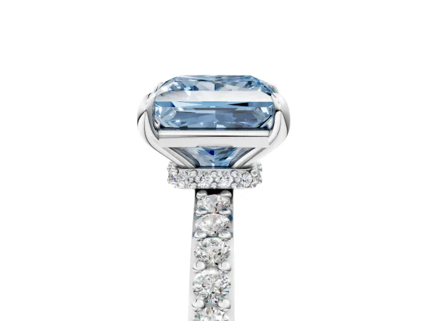 Fancy Blue Princess Cut Diamond Solitaire Engagement Ring with Pavé Band and Four-Prong Setting Silver