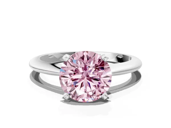 Fancy Pink Round Cut Diamond Solitaire Engagement Ring with Classic Band and Four-Prong Setting Platinum