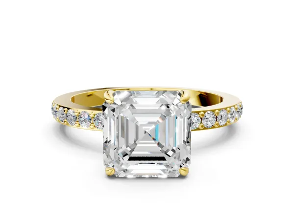 Asscher Cut Diamond Solitaire Engagement Ring with Pavé Band and Four-Prong Setting Yellow gold