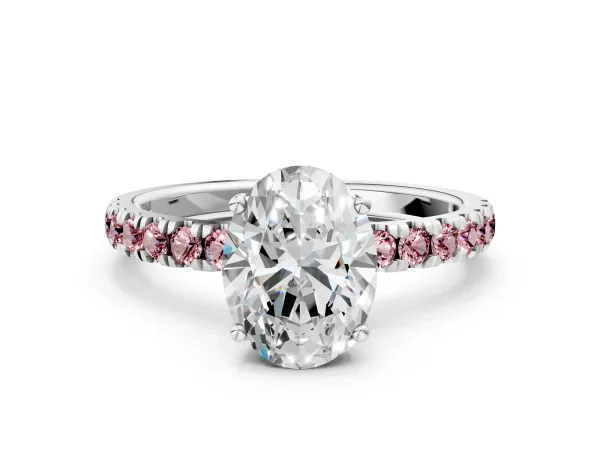 Oval Cut Diamond Pave Band Solitaire Ring with Round Morganite and Prong Setting White gold