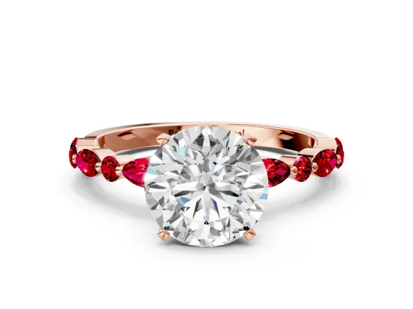 Round Cut Diamond Ring with Marquise and Round Ruby Side Stones and Four-Prong Setting Rose gold