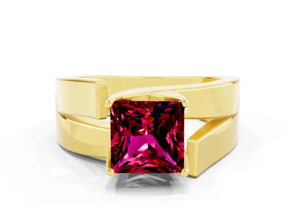 Modern Tension Set Princess Cut Garnet Solitaire Wide Band Ring Yellow gold