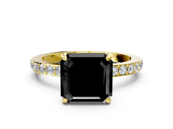 Fancy Black Asscher Cut Diamond Solitaire Engagement Ring with Pavé Band and Four-Prong Setting Yellow gold