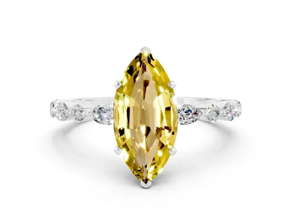 Marquise Cut Yellow Sapphire Ring with Marquise and Round Side Stones and Four-Prong Setting White gold