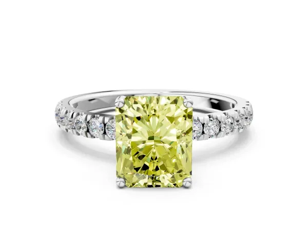 Fancy Yellow Radiant Cut Diamond Pave Band Solitaire Ring with Round and Prong Setting Platinum