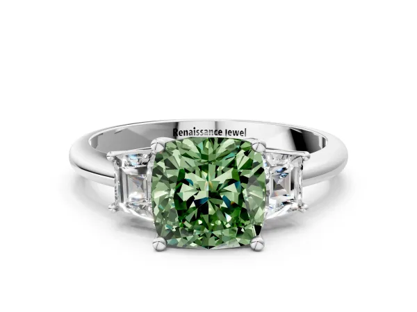 Fancy Green Cushion Cut Diamond Three-Stone Ring with Trapezoid Side Stones and Prong Setting Platinum