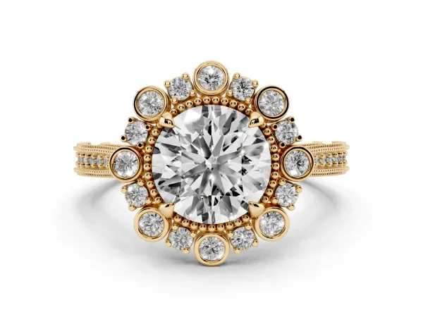 Round Cut Halo Milgrain Pave Diamond Ring with Four-Prong Setting Yellow gold