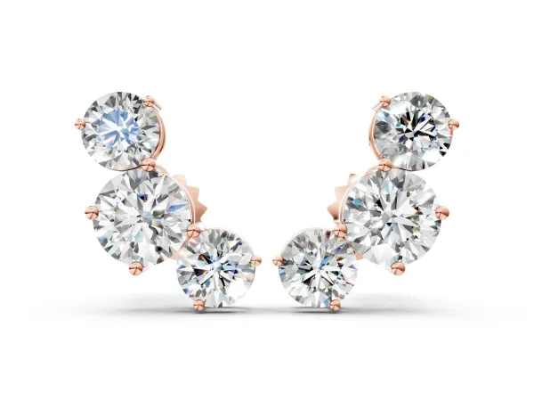 Round Cut Diamond Graduated Three-Stone Stud Earrings Rose gold