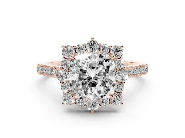 Cushion Cut Halo Diamond Ring with Pavé Band and Prong Setting Rose gold