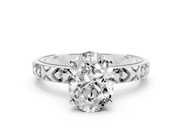 Oval Cut Solitaire Diamond Engagement Ring with XO Engraved Band and Four-Prong Setting White gold