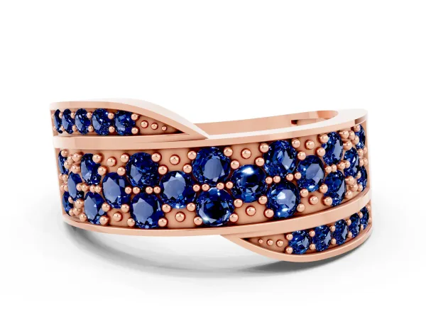 Pavé Round Blue Sapphire Crossover Band with Bead Prong Setting Rose gold